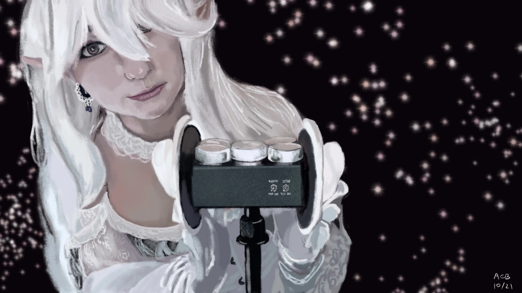 Charcoal painting of Aftyn Rose in Boosette cosplay, wearing a white corset dress and long, white gloves. She leans in close to a 3dio microphone, which she cradles in her hands
