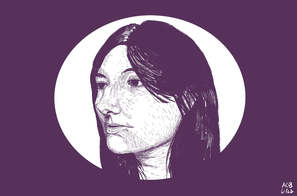 A monochrome sketch of Aftyn Rose with contour lines