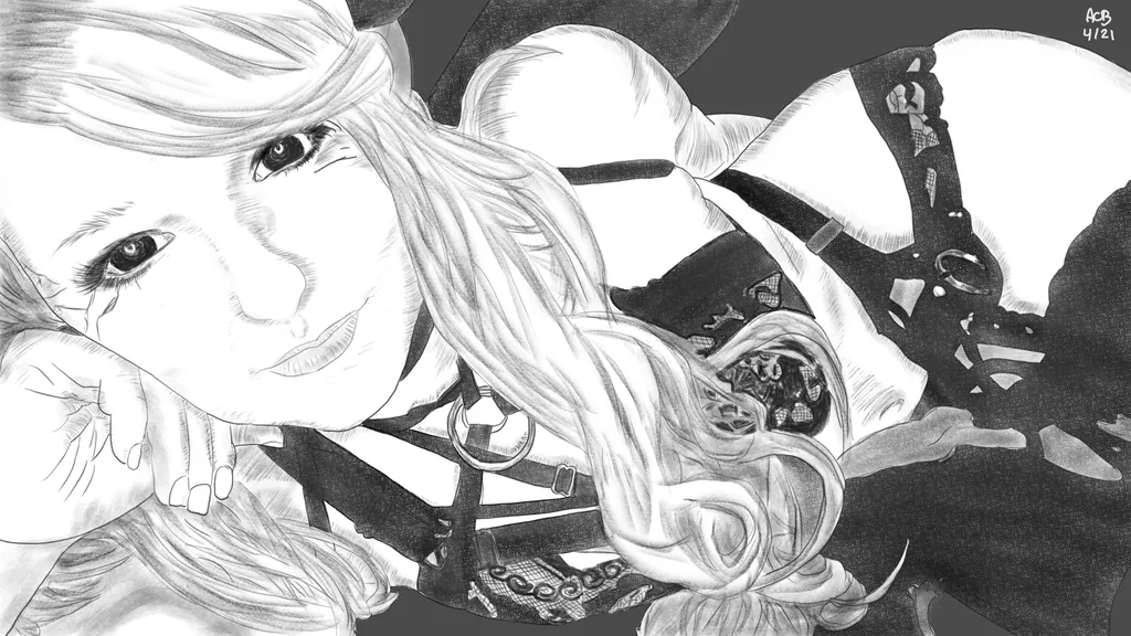 Pencil drawing of Aftyn Rose, lying on her side, wearing a black lace lingerie. Her eyes are coal black