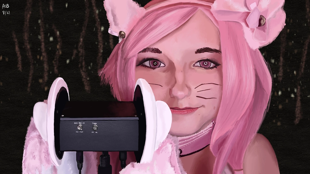 Painting of Aftyn Rose wearing a pink wig, pink cat ears, a pink collar, and soft, pink mittins. She cradles a 3dio microphone