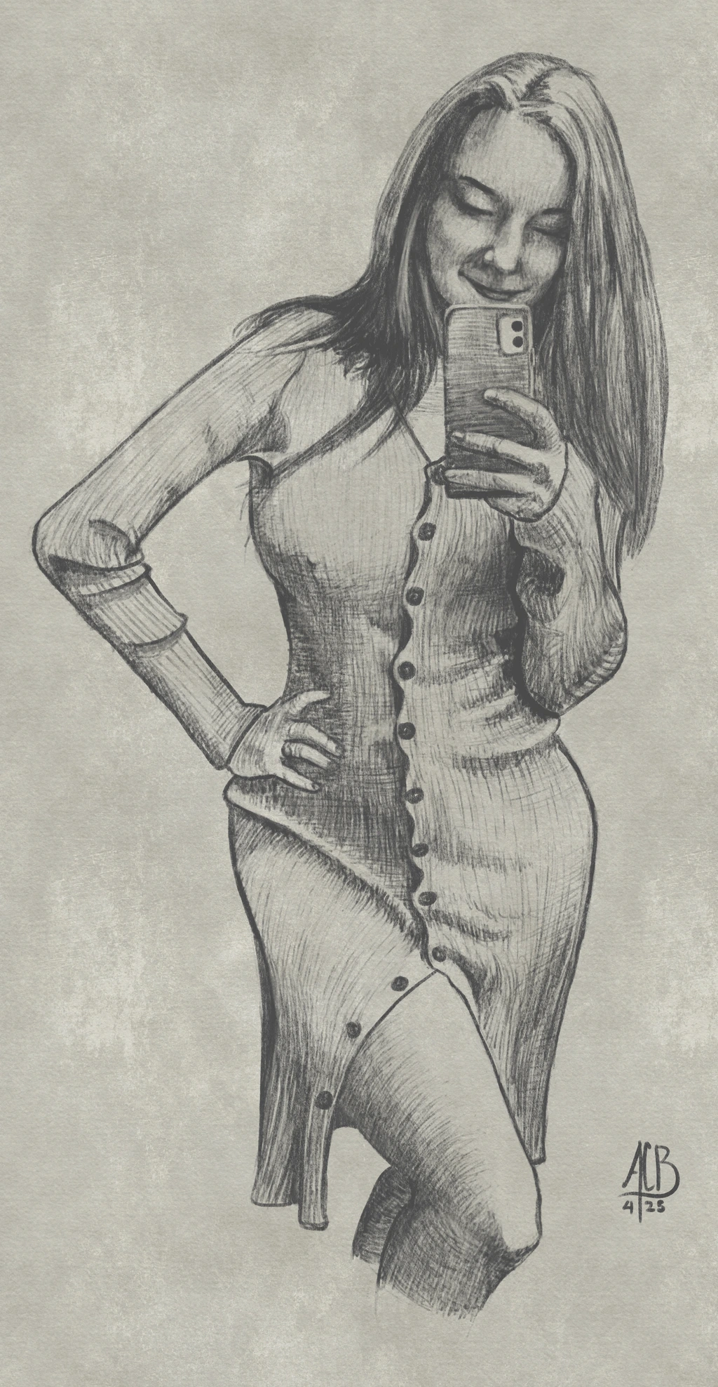 Pencil drawing of Aftyn Rose taking a selfie in a sweater dress