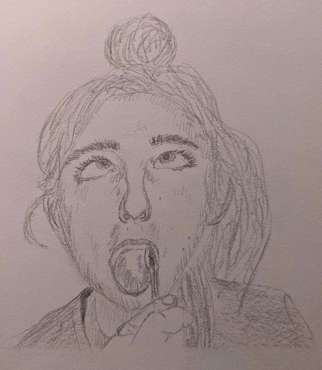Pencil drawing of Aftyn Rose mid brushing her teeth. Her eyes are crossed and looking up, making an ahegao face