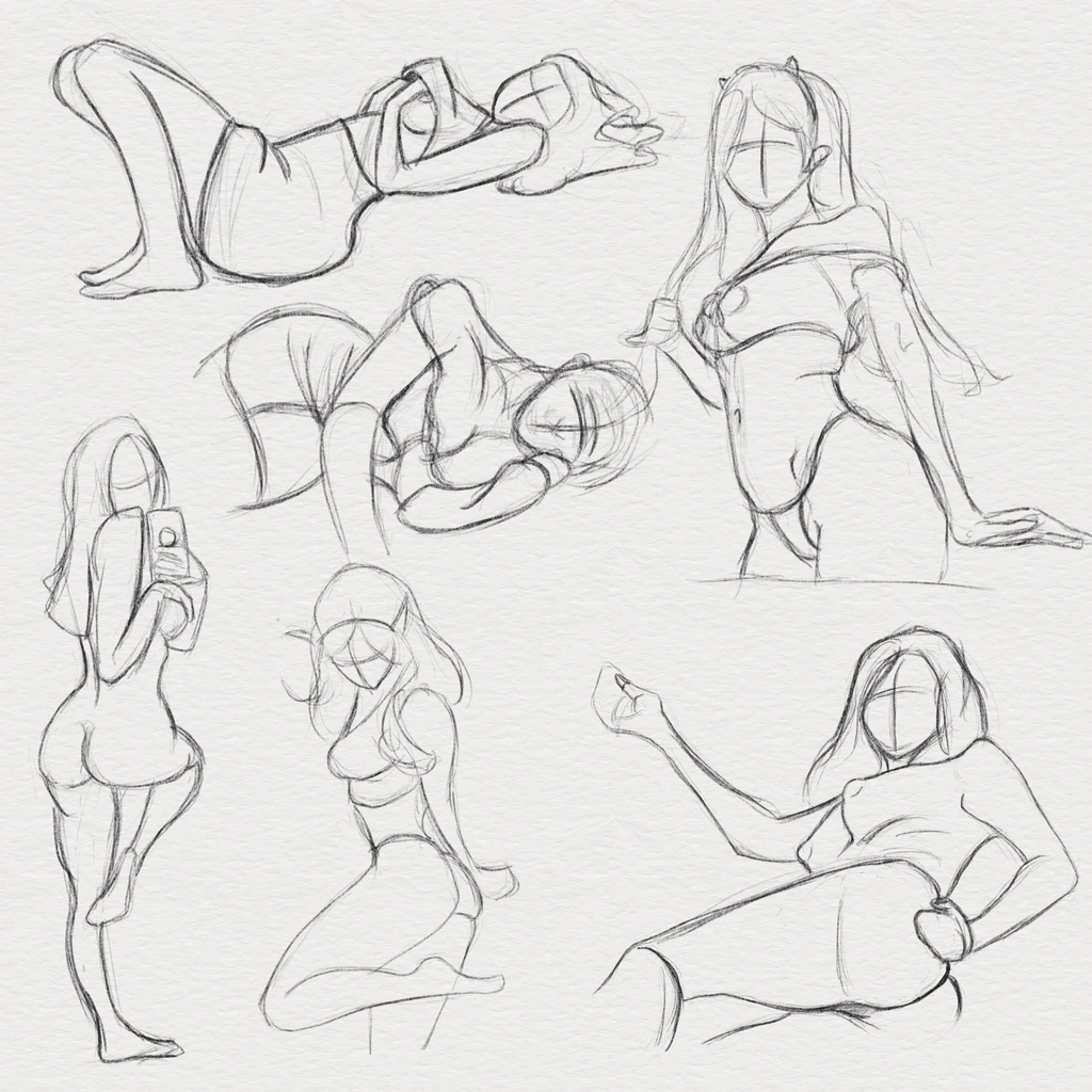 Six rough gesture drawings of Aftyn Rose in a variety of sexy poses