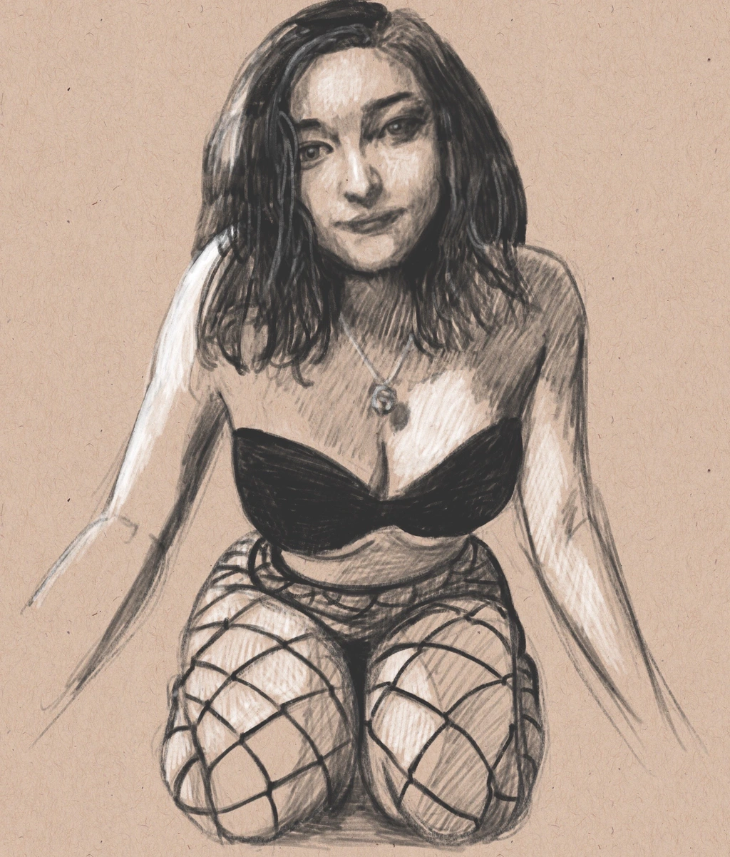 Pencil sketch with white highlights of Aftyn Rose kneeling in fishnet stockings and a black bra