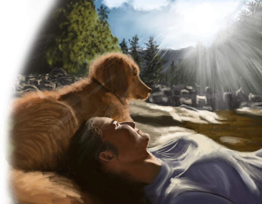 Detail panel 3: Aftyn and Lyra relax by a dry creekbed