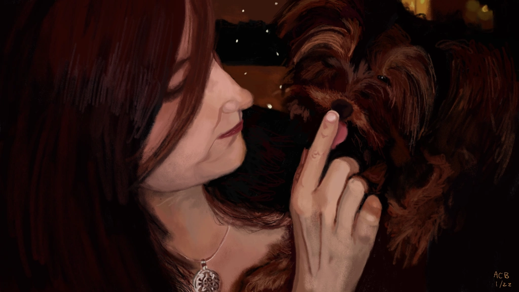 Charcoal painting of Aftyn Rose getting smooches from her brown Yorkshire Terrier, Yoko