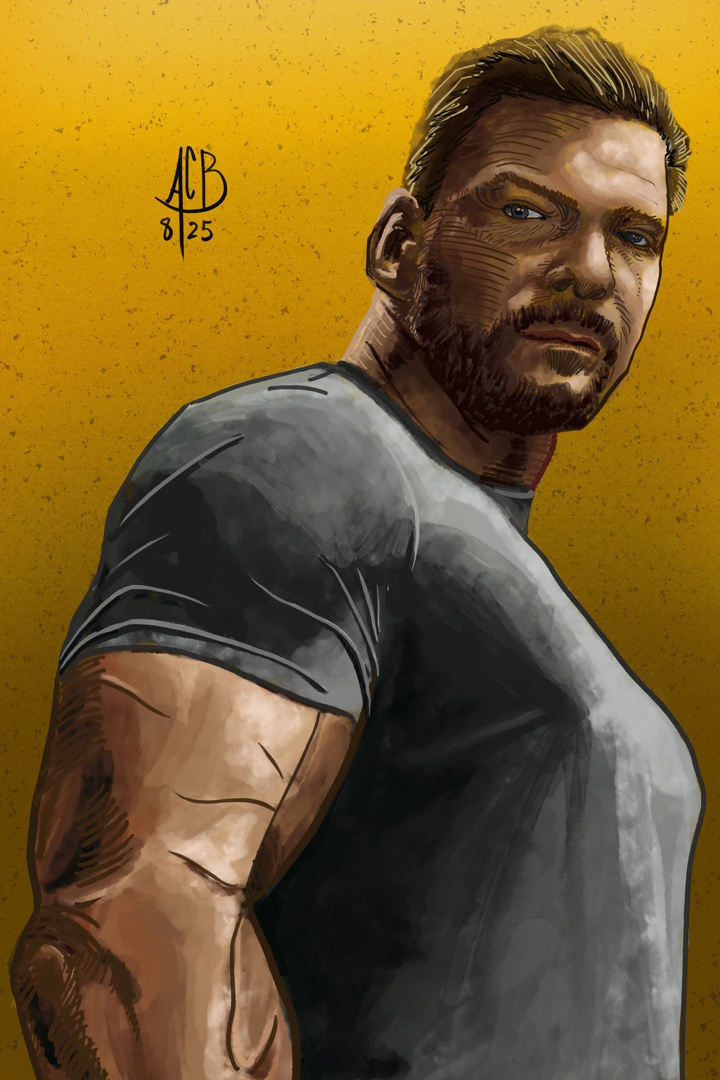A bust portrait of actor Alan Ritchson looking imposing as Reacher