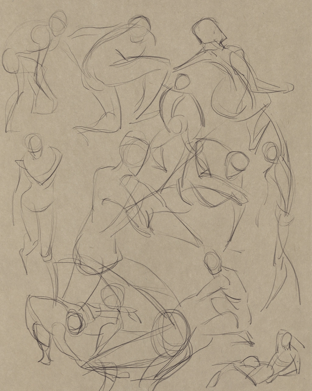 A series of more dynamic, but still very sketchy, gesture drawings