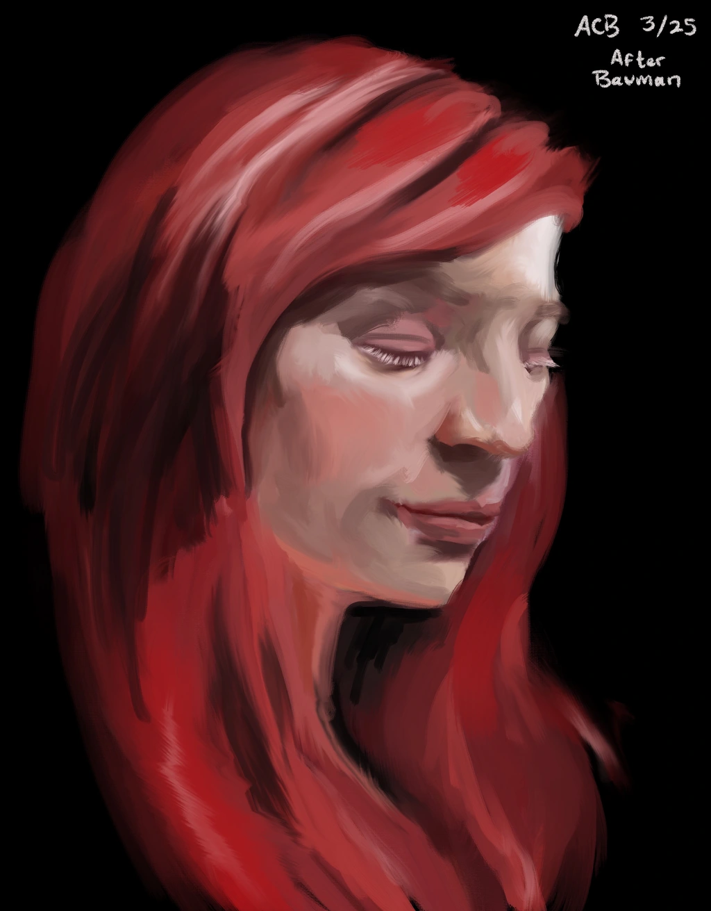 Painted master study of a portrait by Stephen Bauman of a red-headed woman