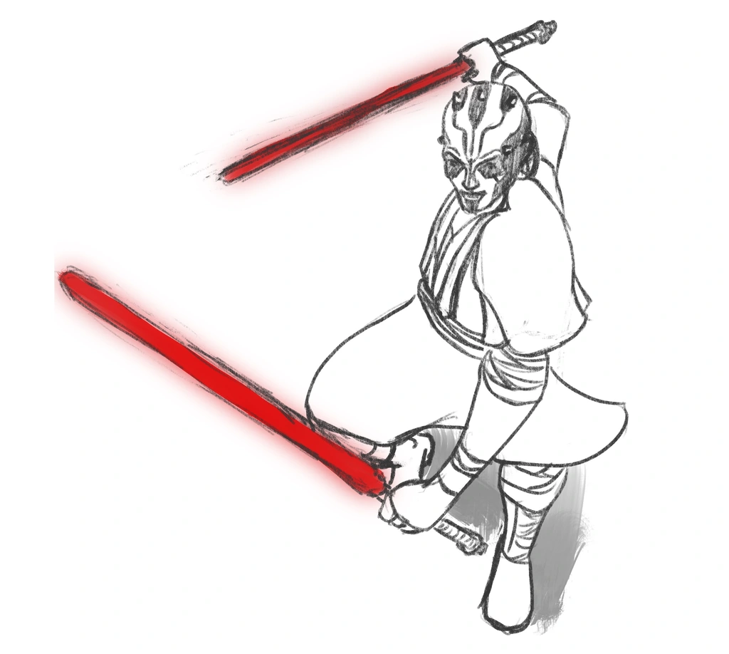 Darth Maul wields two red light sabers
