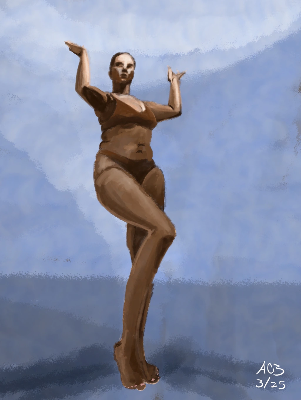 Watercolor painting of a model with her arms in the air