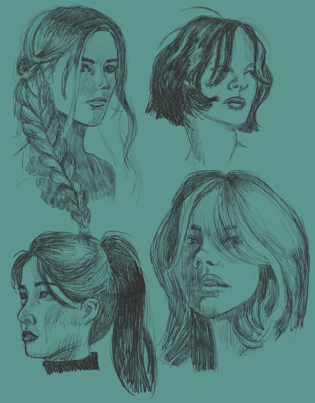 Four sketched headshots focusing on the model’s hair