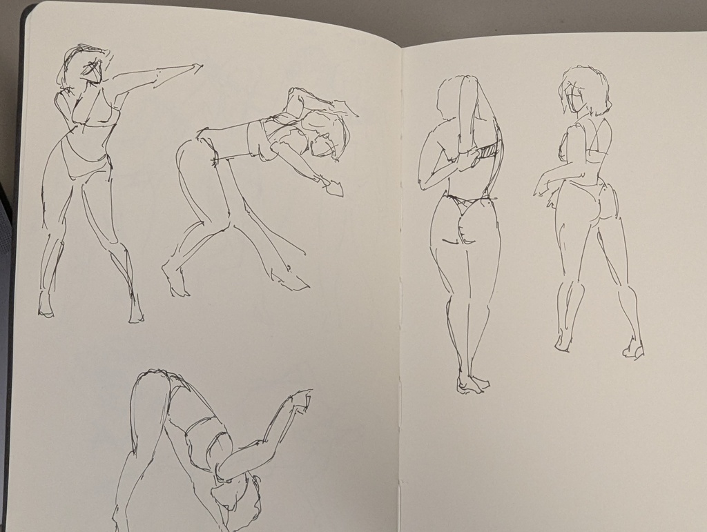 Five rough 2 minute figure drawings from a model
