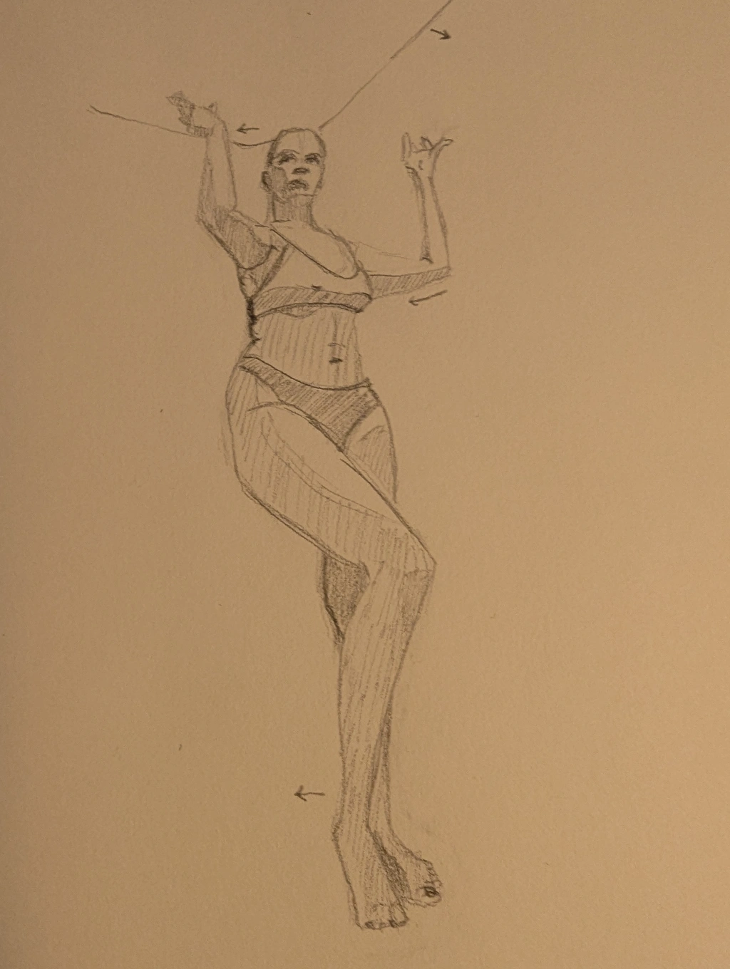 Pencil sketch of that same model with her arms in the air