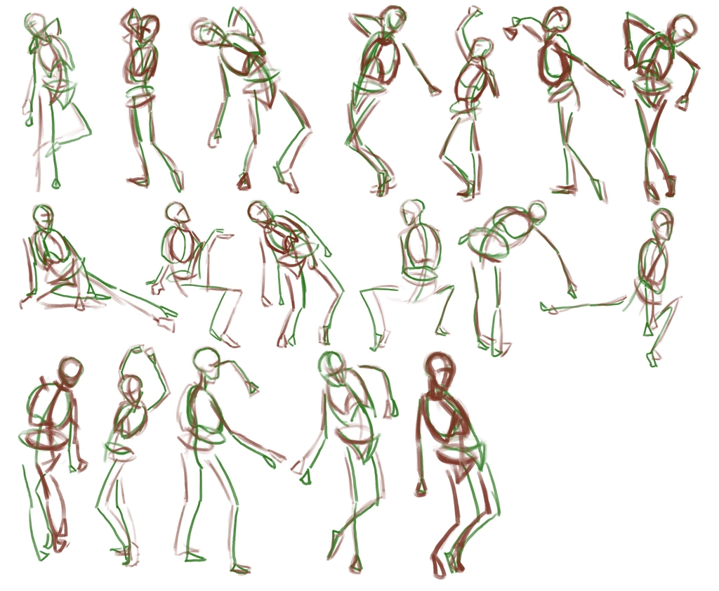 18 rough stick figures with rib cage and pelvis volumes