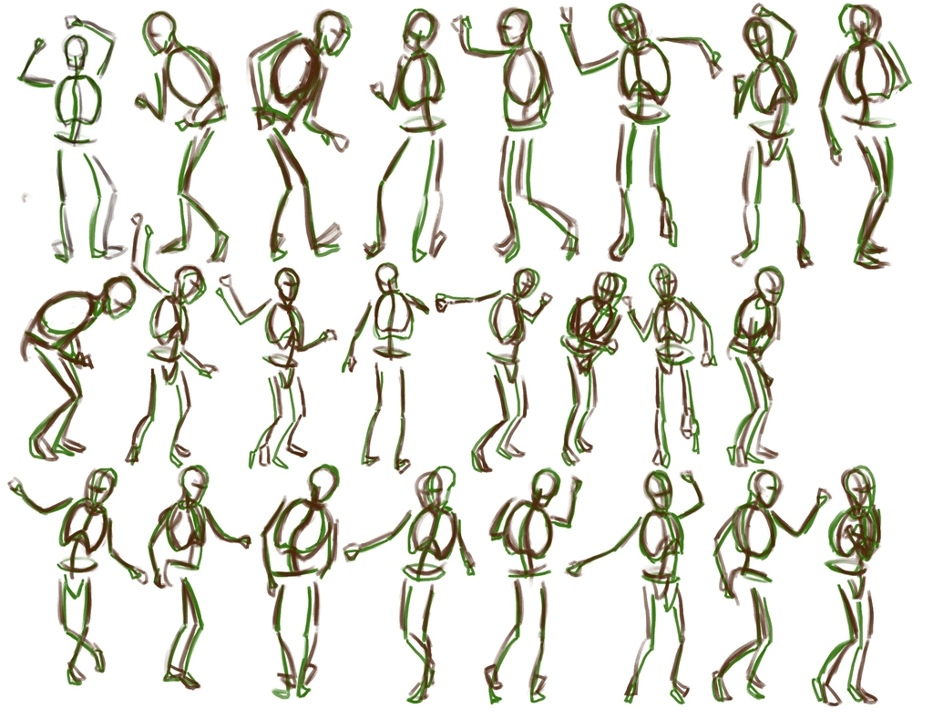 24 rough stick figures with rib cage and pelvis volumes