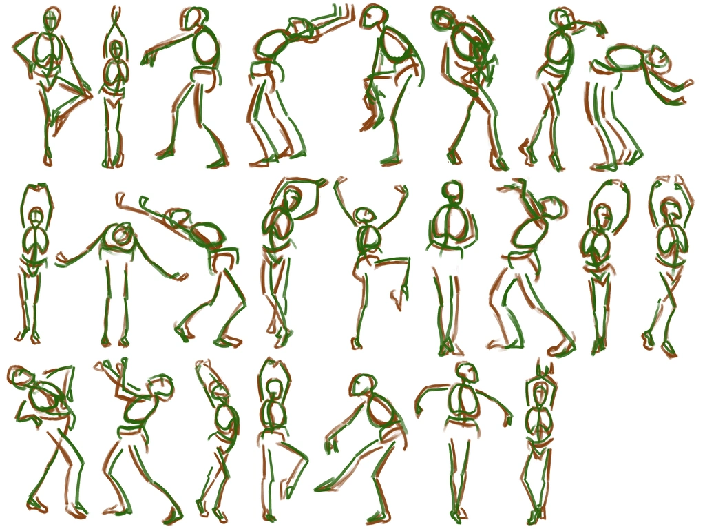 24 rough stick figures with rib cage and pelvis volumes