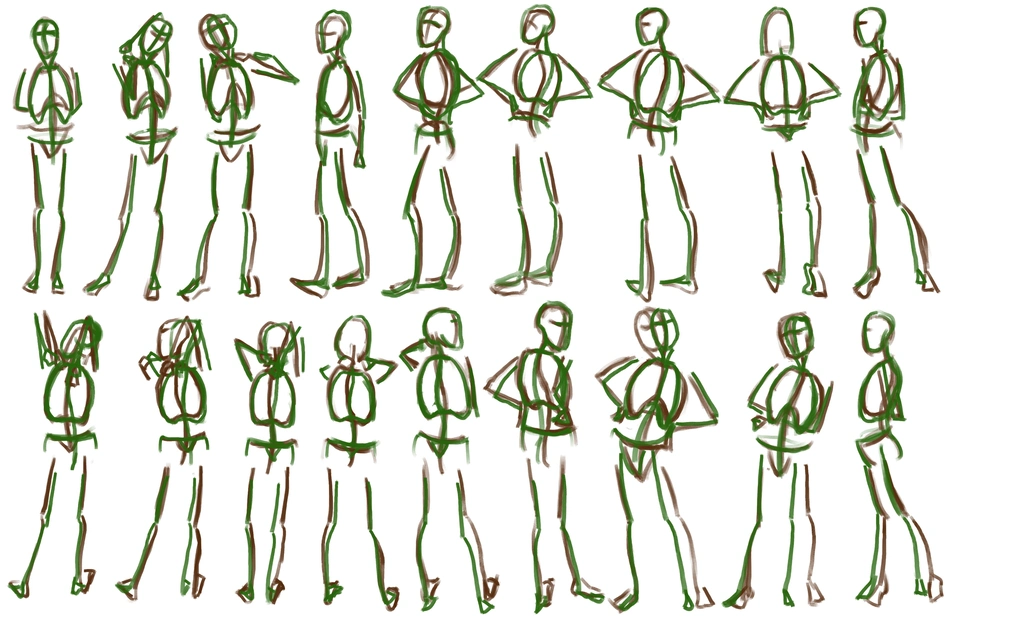 18 rough stick figures with rib cage and pelvis volumes