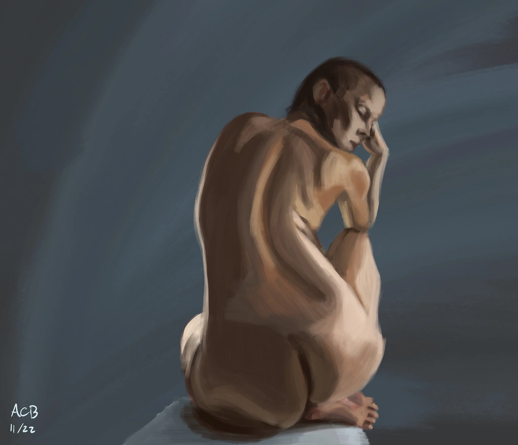 Portrait of Lilith, nude, facing away from us, seated on a plinth