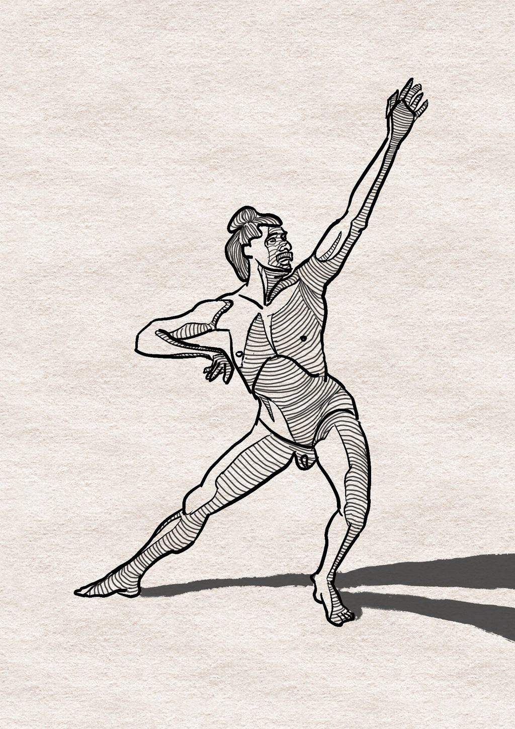 Drawing of a nude man reaching up to the right