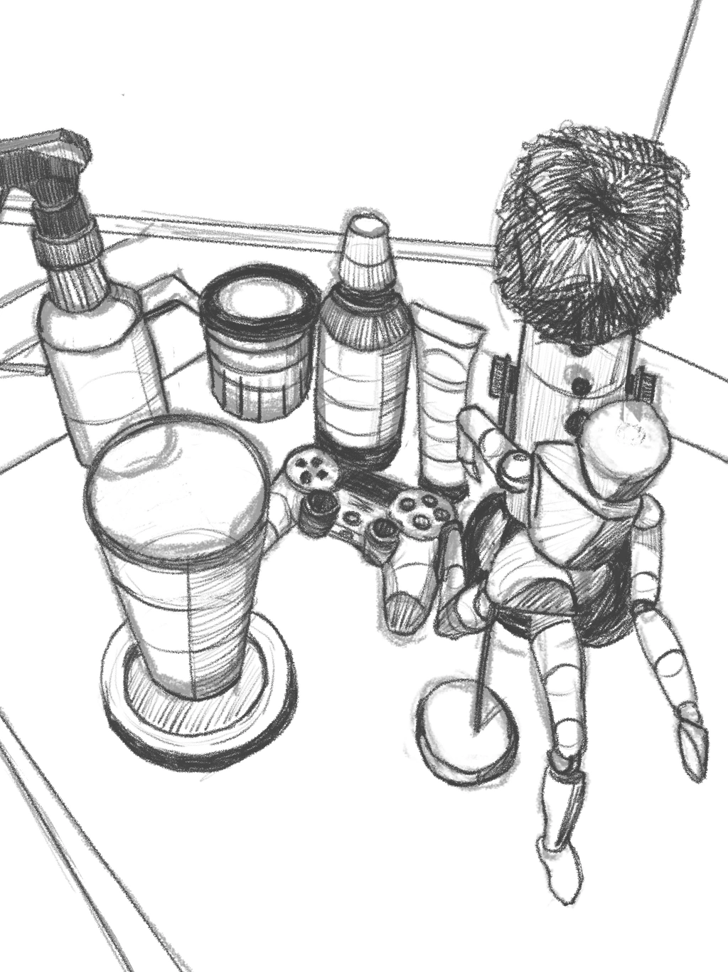 Sketch of a variety of objects arranged on a desk concentrating on rounded forms