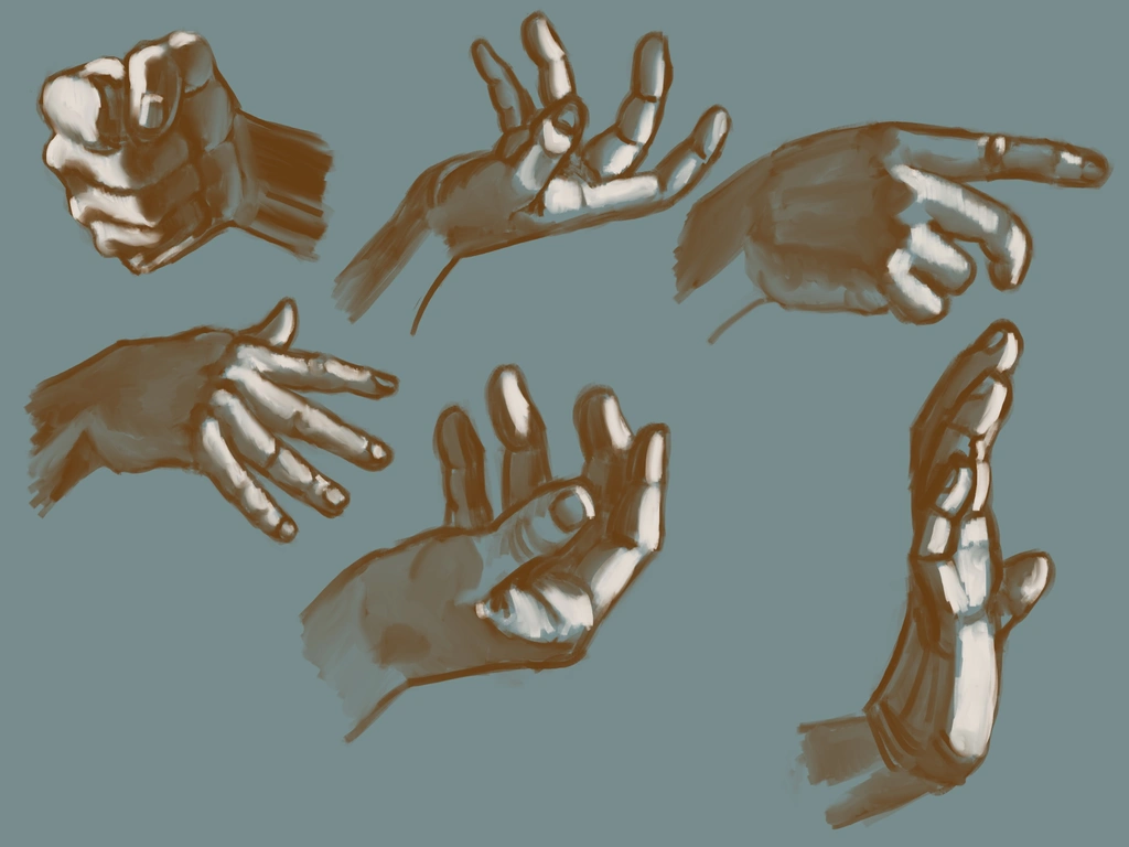 6 two-toned drawings of human hands