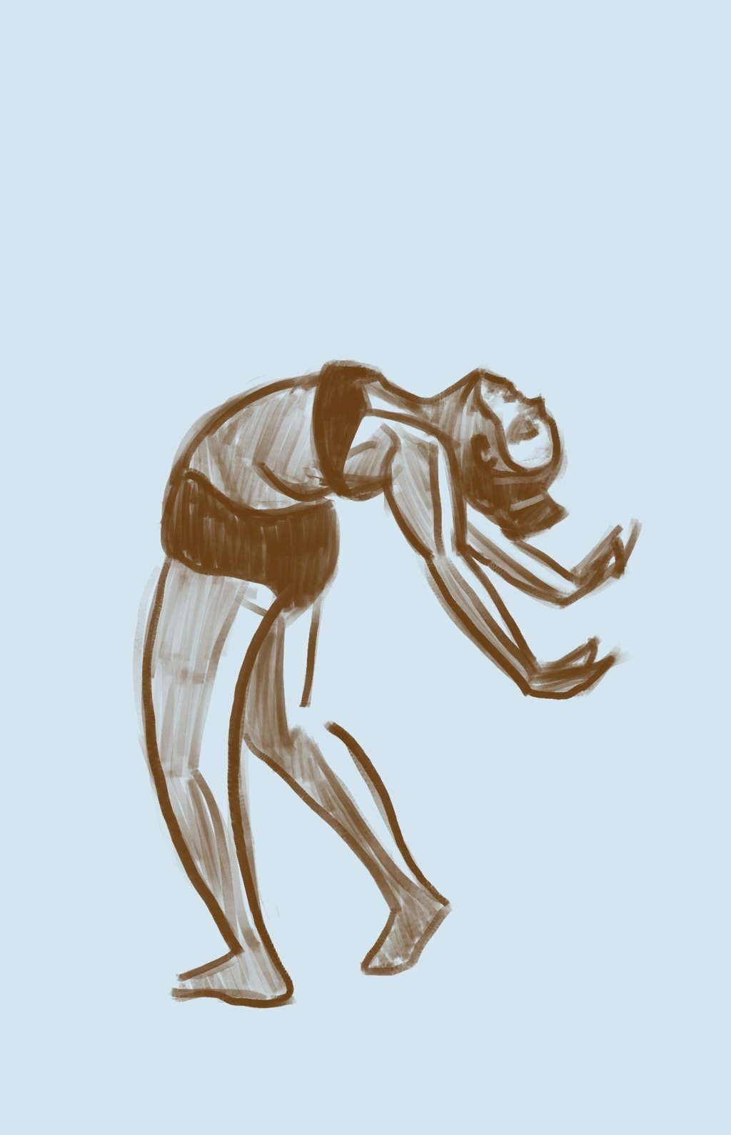 Figure drawing of a woman bending over backward, arms outstretched behind her
