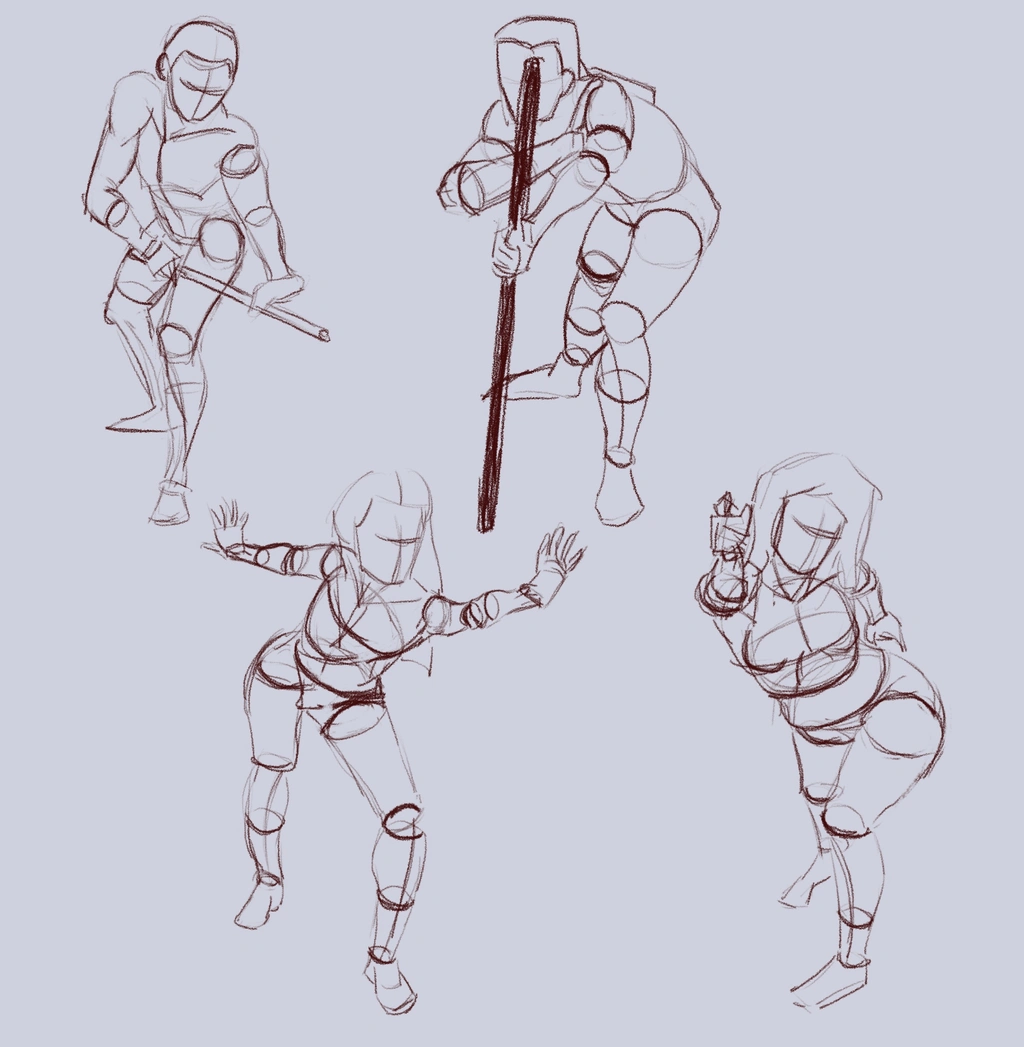 Sketches of figures with cylindrical forms called out