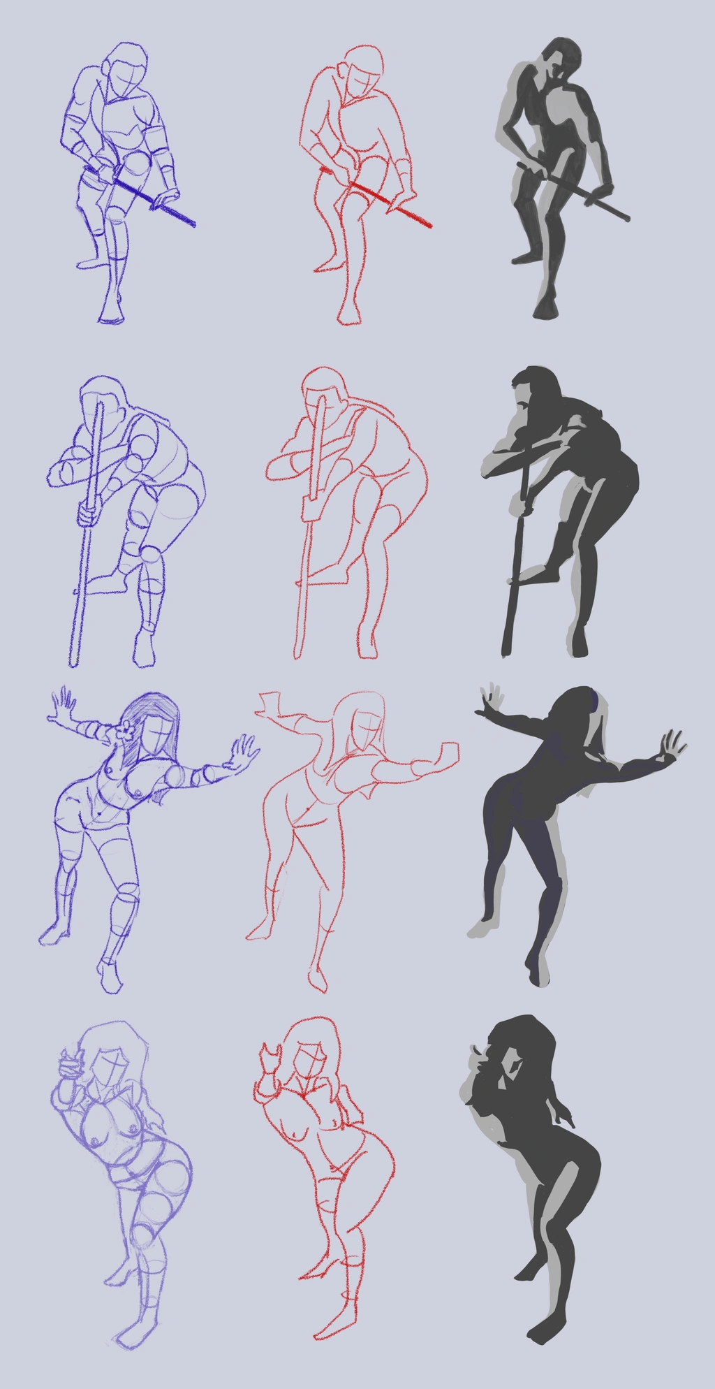 Building up sketches of figures from simple forms to simplified shading