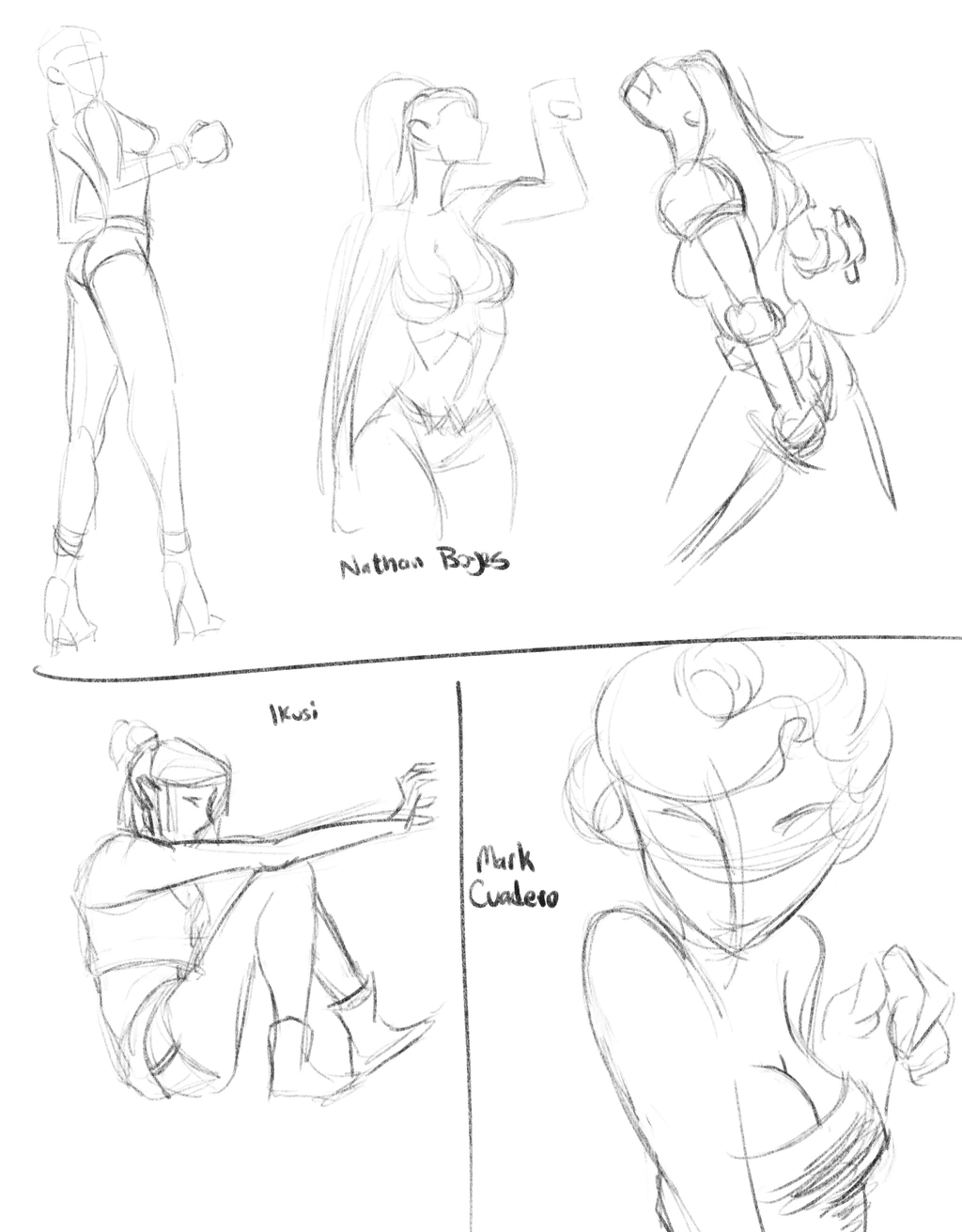 Five gesture drawings based on other drawings