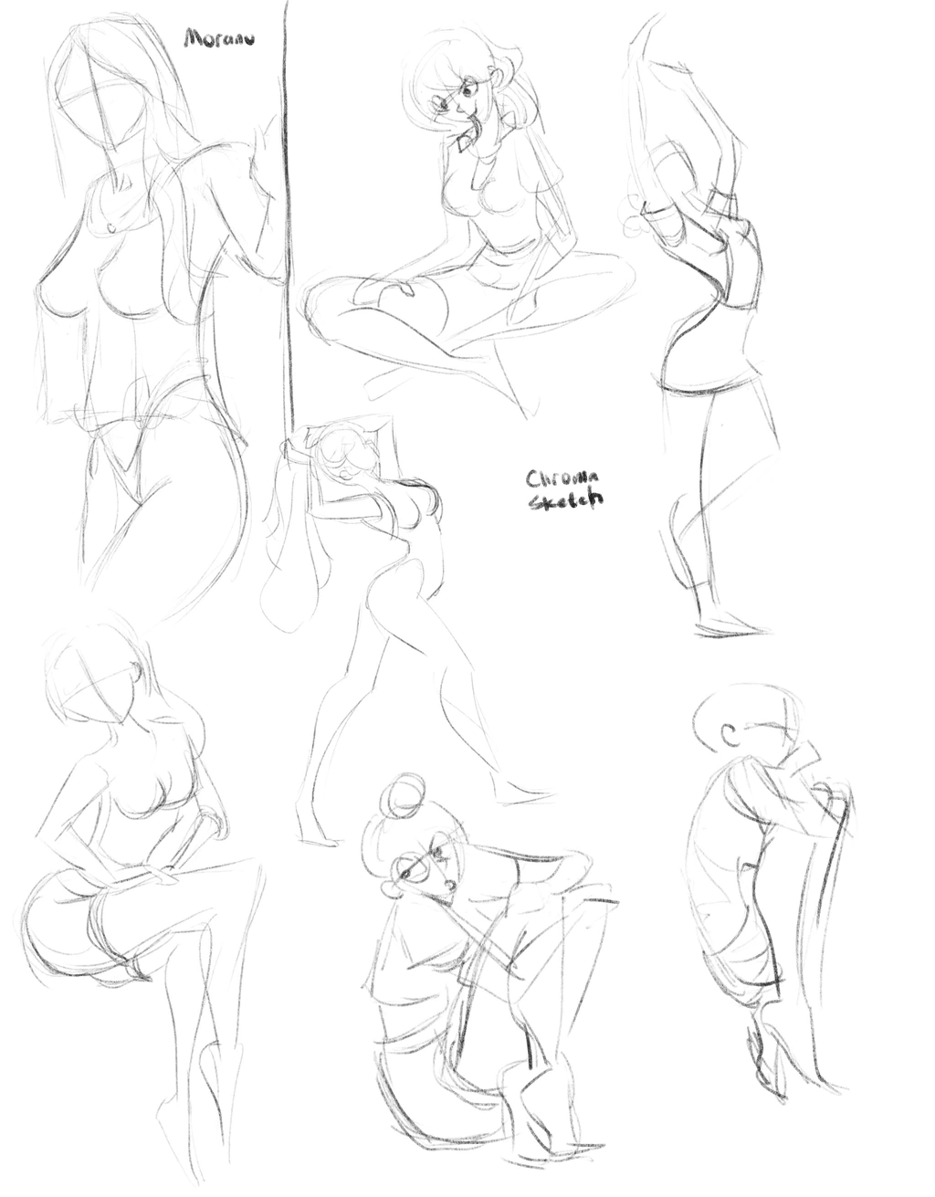 Seven gesture drawings based on other drawings