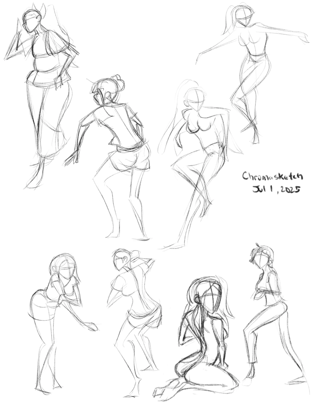Eight cartoon-y gesture drawings based on the work of Chromasketch