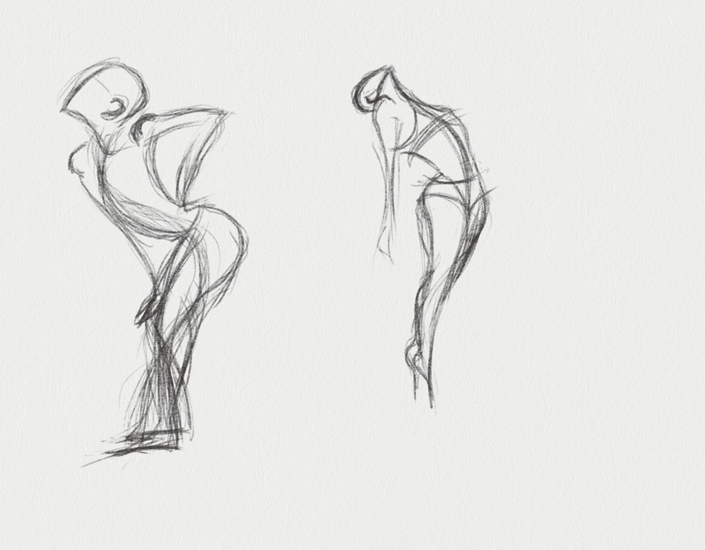 Two sketchy gesture drawings, one standing and one flying