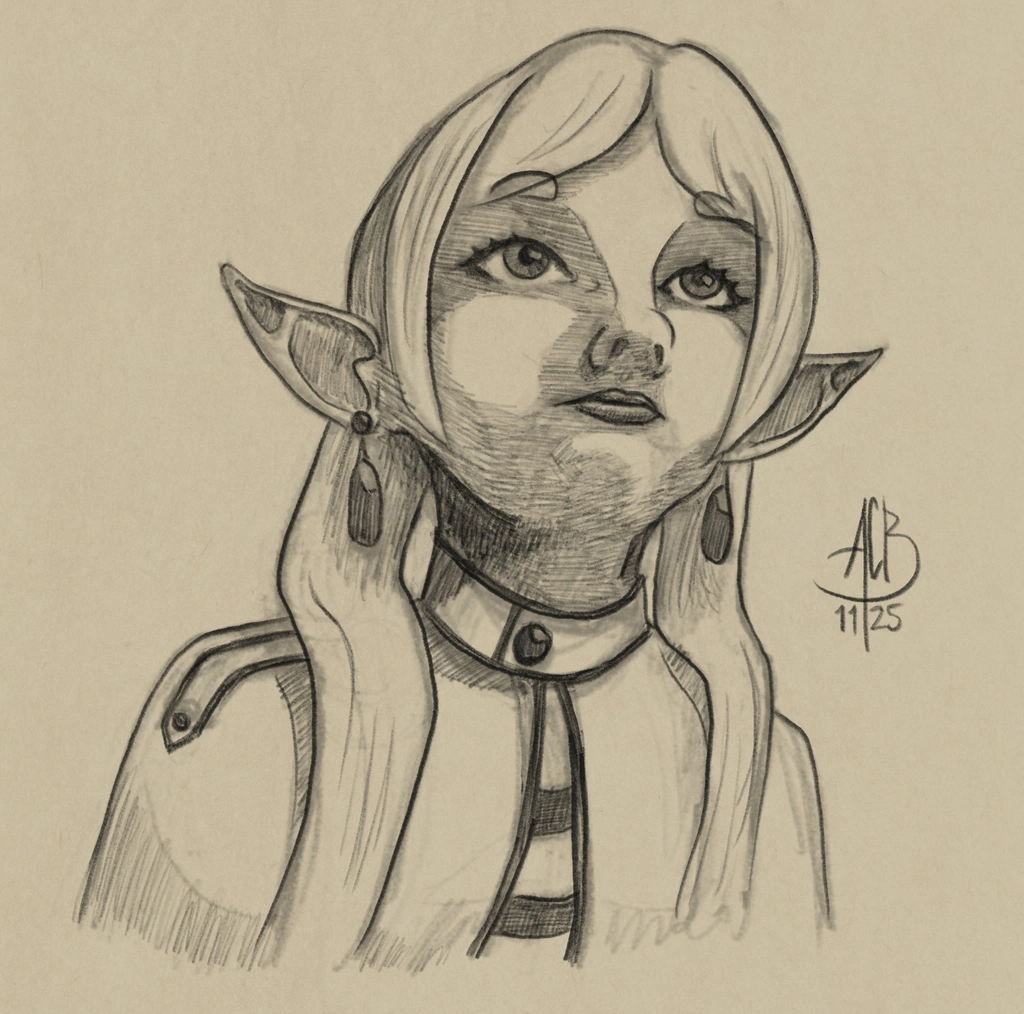 Pencil sketch of anime character Frieren looking up