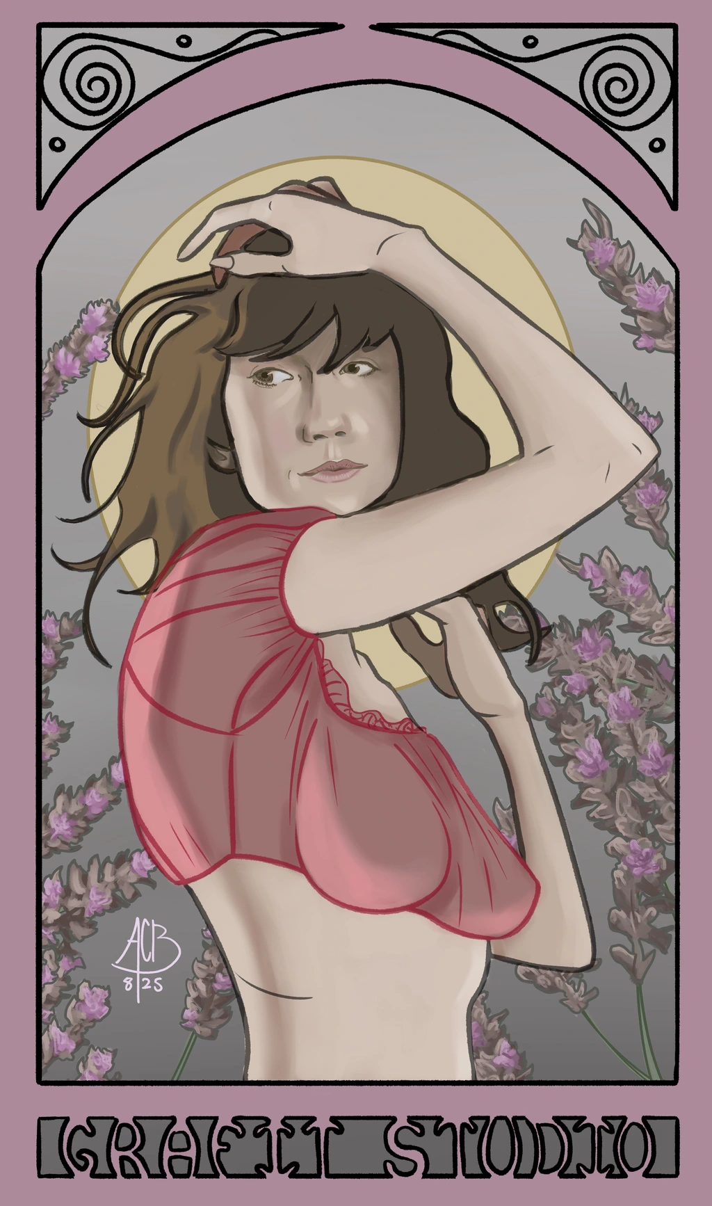 Art nouveau-style portrait of a model in a translucent red blouse