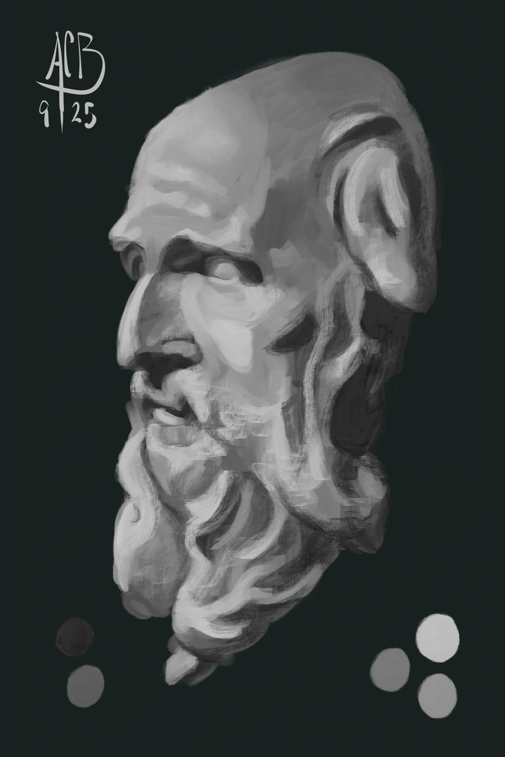 Value study of a bust of a bearded St Andrew, seen from the side