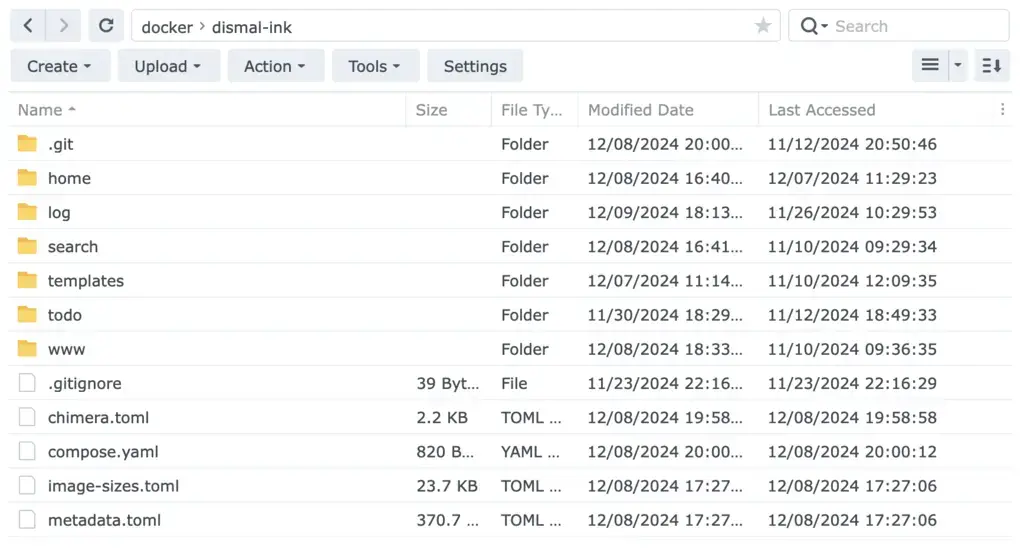 Screenshot of the dismal-ink Docker folder contents