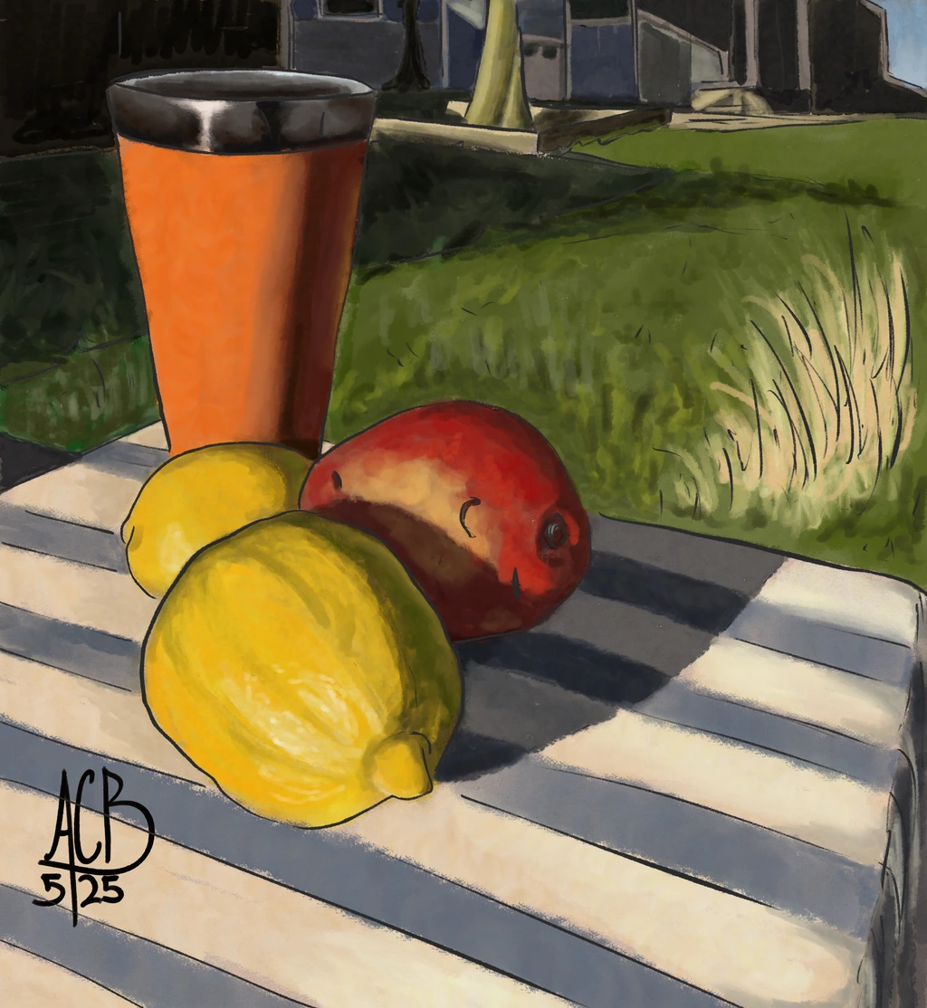 Watercolor painting of a still life tableau featuring a pair of lemons, a red pear, and an orange drinking glass with a metal rim. It is set on a white and blue towel on a table overlooking a grassy yard