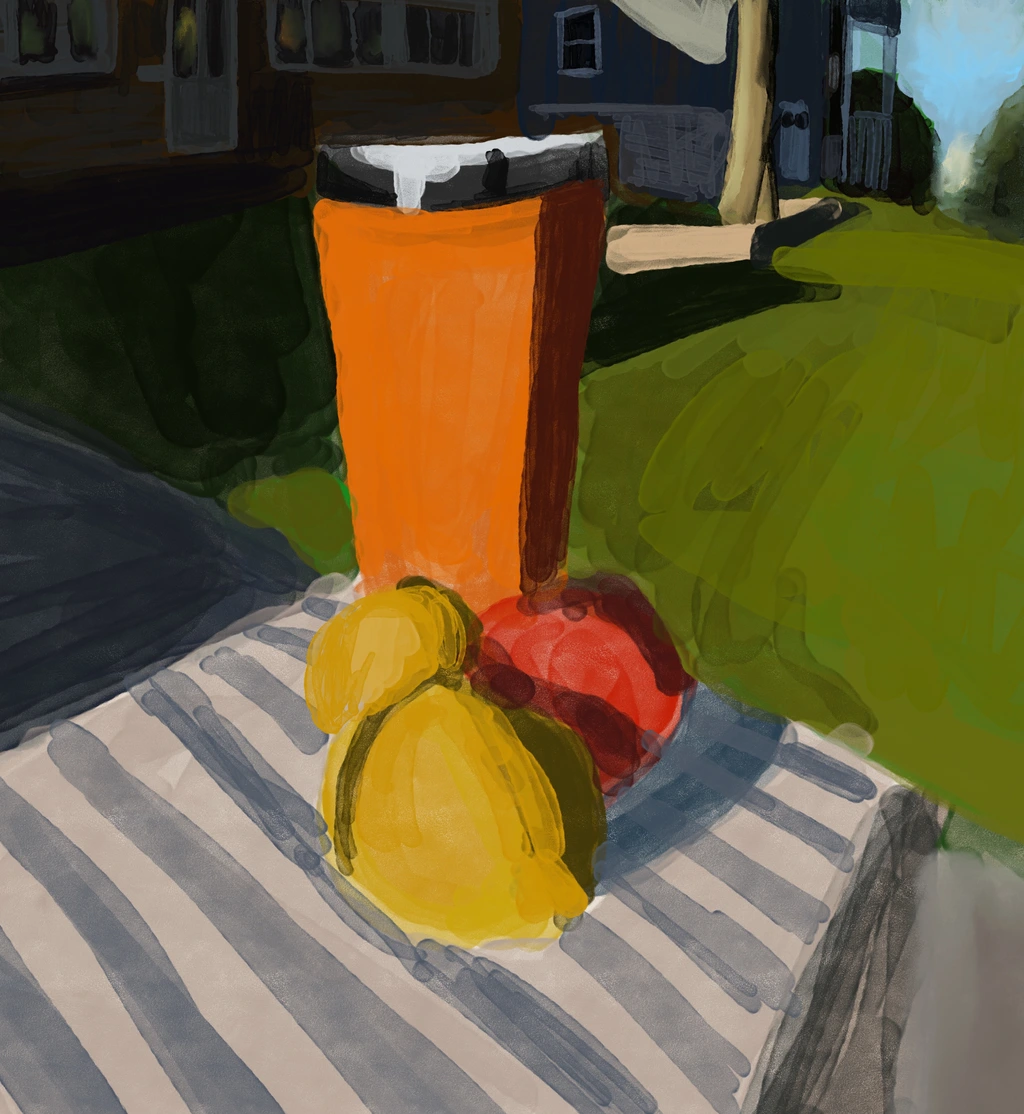 Sketchy painted watercolor of the pear and lemon still life tableau