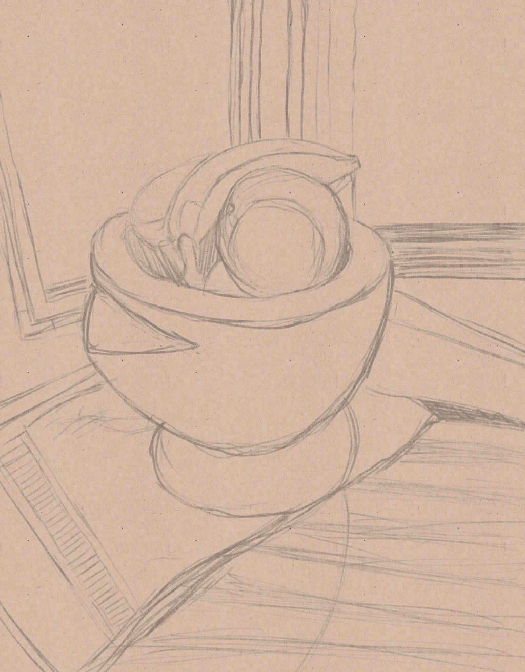 Rough sketch of a stone mortar and pestle filled with oranges and bananas