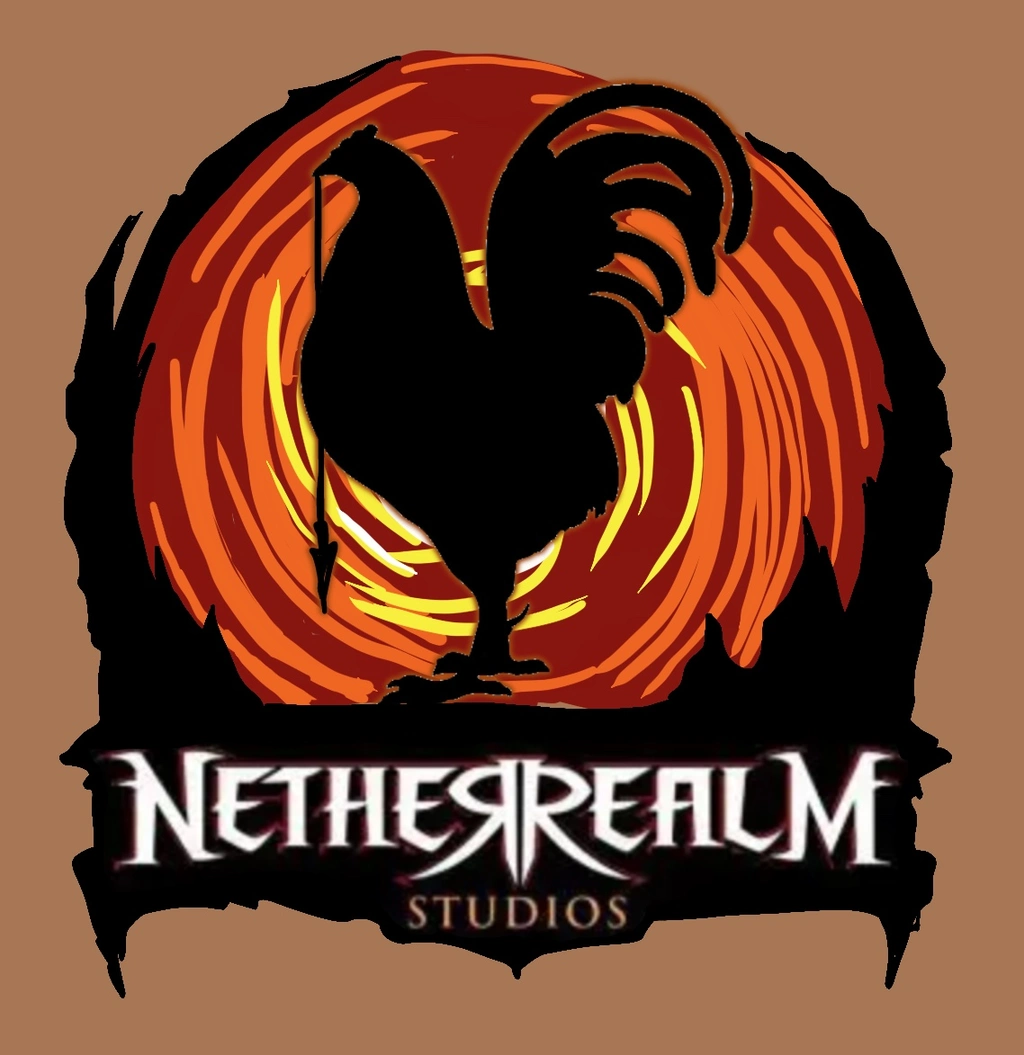 Spoof of the Netherrealm Studios logo featuring a rooster. Scorpion’s spear is draped from his beak