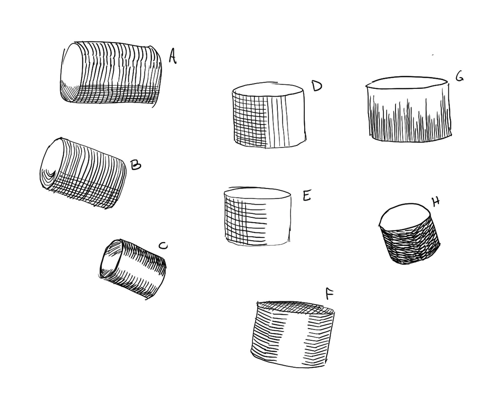 Sketches of little cylinders featuring a variety of ink styles