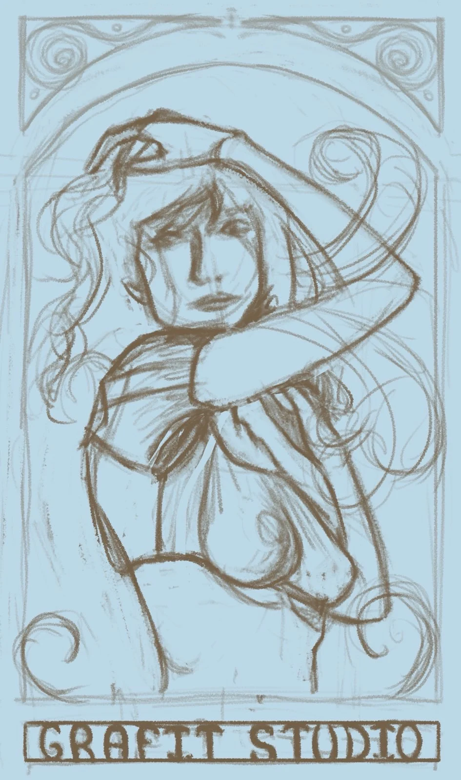 Process shot of the Art nouveau-style portrait