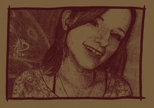 Monochrome (red) drawing A smiling Aftynrose, lightly framed by fairie wings