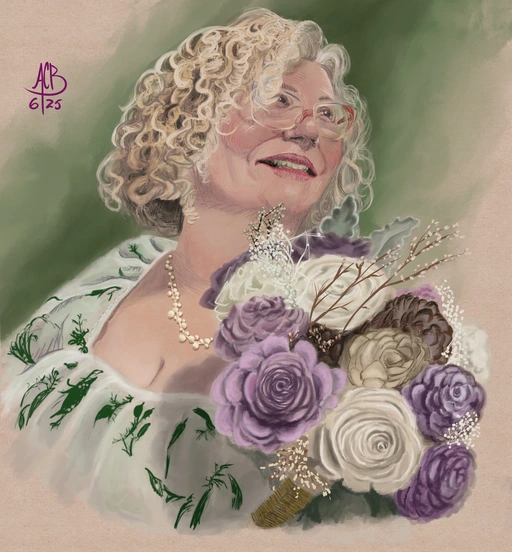 A portrait of my wife on our wedding day. She wears a white dress with green trim and carries a purple themed flower bouquet