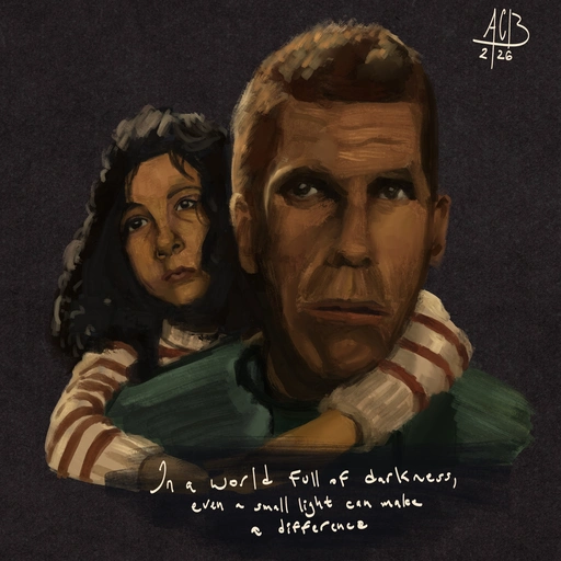 A young Judith Vittet hangs onto Ron Perlman in a still from City of Lost Children