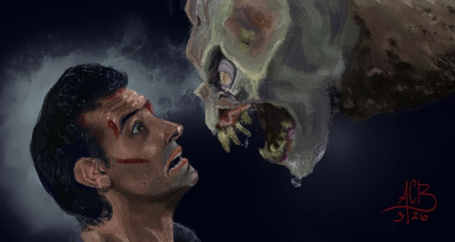 Painting of Bruce Campbell as Ash Williams in Evil Dead 2, startled by a horrifying Deadite