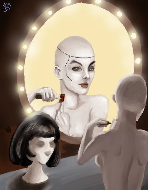 A bald fembot looks at herself in a round mirror. Her wig sits on a stand nearby. She uses a screwdriver to adjust something hidden behind a panel in her neck