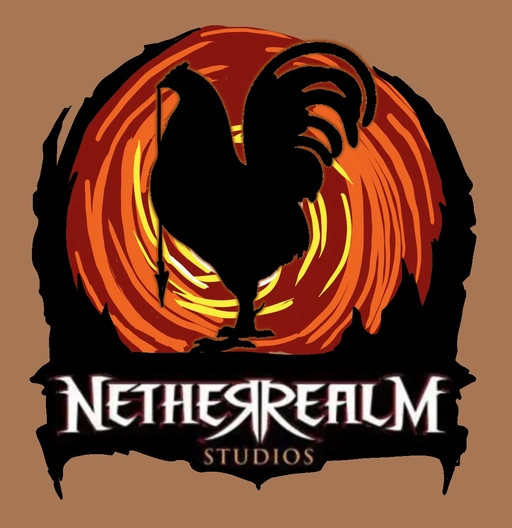 Spoof of the Netherrealm Studios logo featuring a rooster. Scorpion's spear is draped from his beak